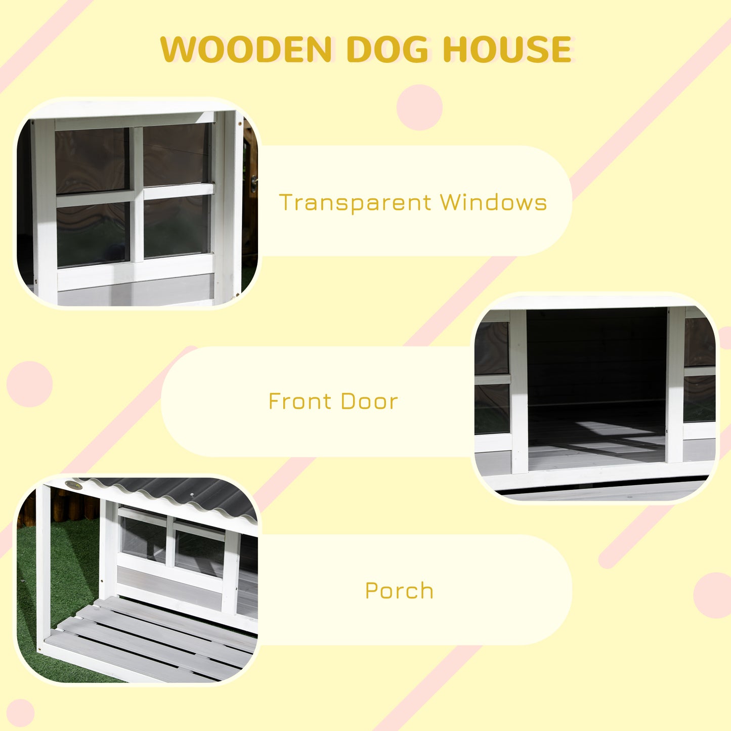 PawHut Wooden Dog House Outdoor Porch Cabin Style Raised Dog Shelter PVC Roof Front Door Windows Large Medium Dog | Aosom.com