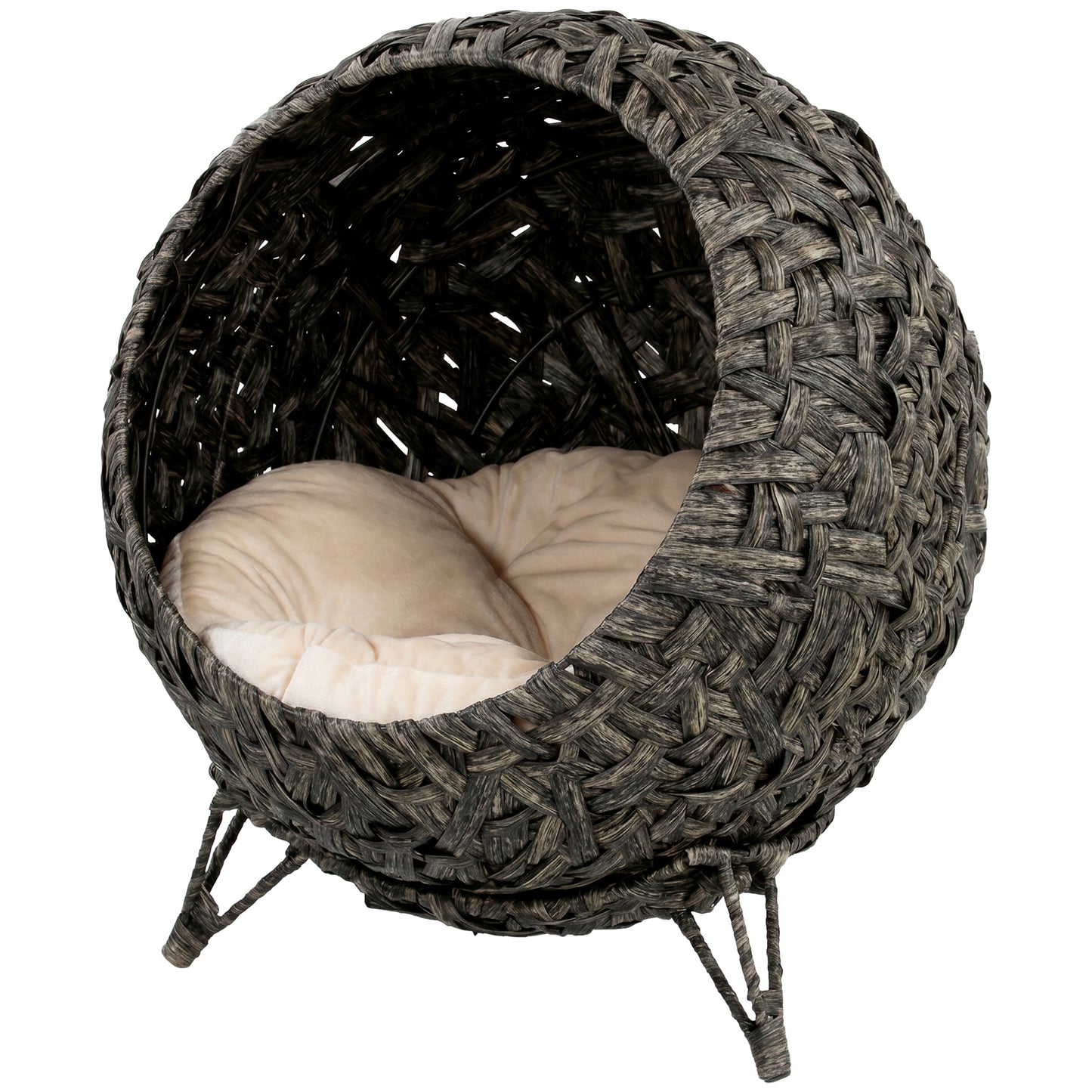 PawHut Rattan Cat Bed, Elevated Handwoven Cat Basket Bed with Soft Cushion and Metal Base