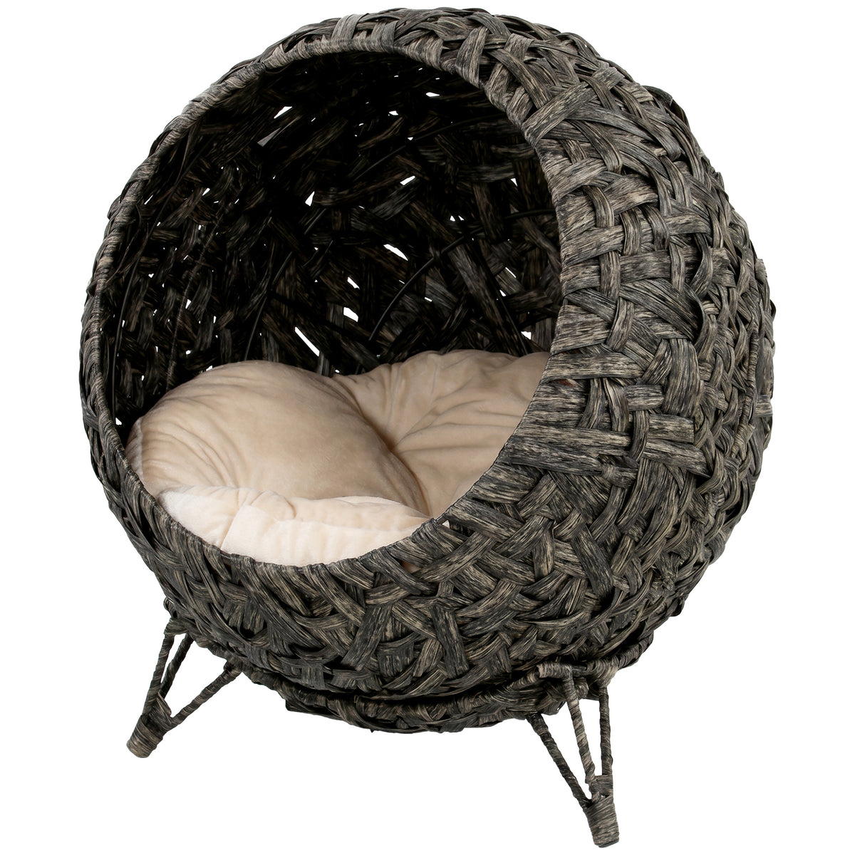 PawHut Rattan Cat Bed, Elevated Handwoven Cat Basket Bed with Soft Cushion and Metal Base