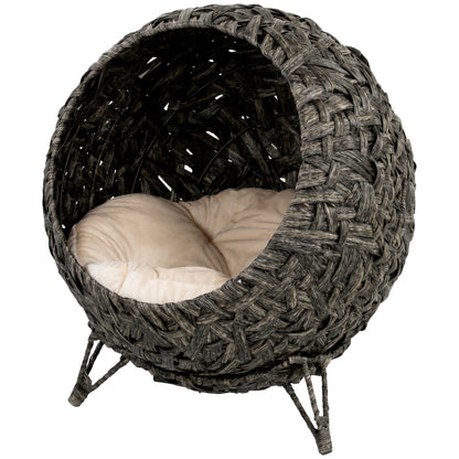 PawHut Rattan Cat Bed, Elevated Handwoven Cat Basket Bed with Soft Cushion and Metal Base