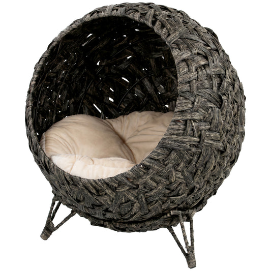 PawHut Rattan Cat Bed, Elevated Handwoven Cat Basket Bed with Soft Cushion and Metal Base