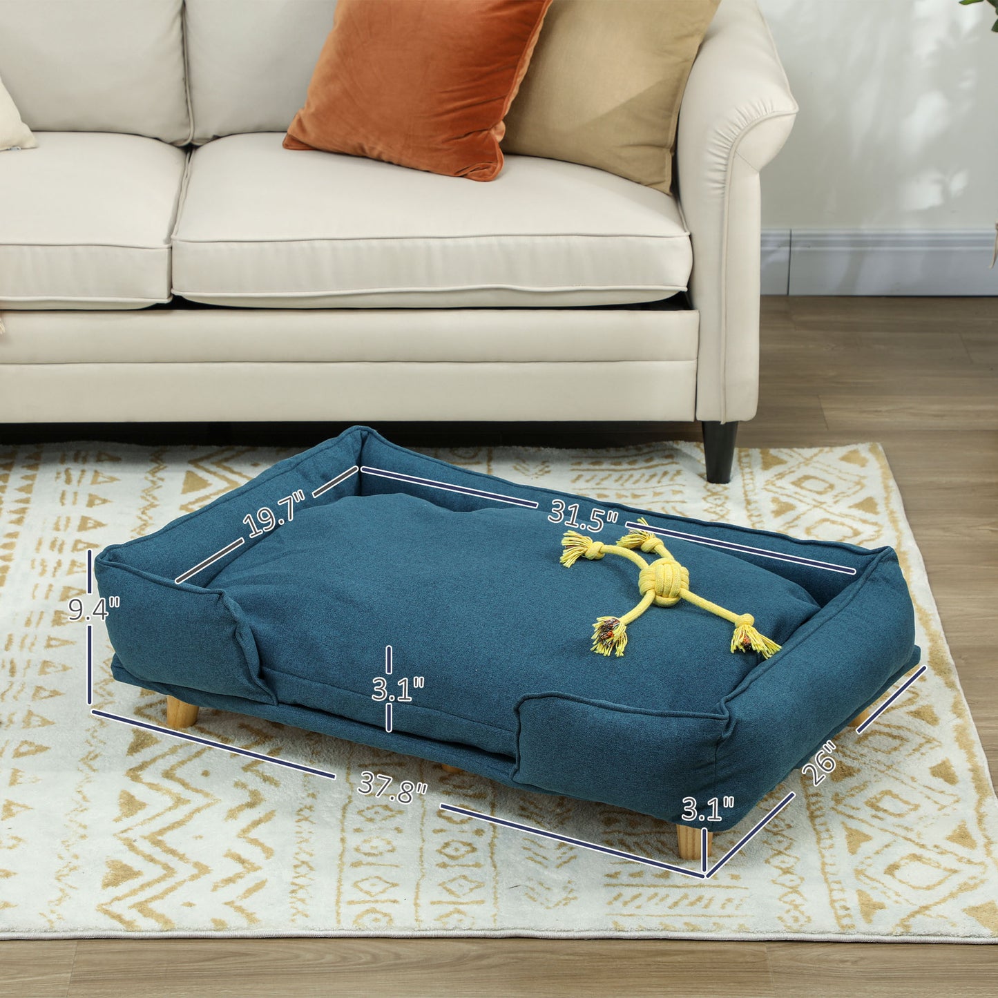 PawHut Raised Dog Couch with Comfortable Cushion, Pine Wood Legs, Foot Pads, for Large-Sized Dogs Indoor Use, Dark Blue