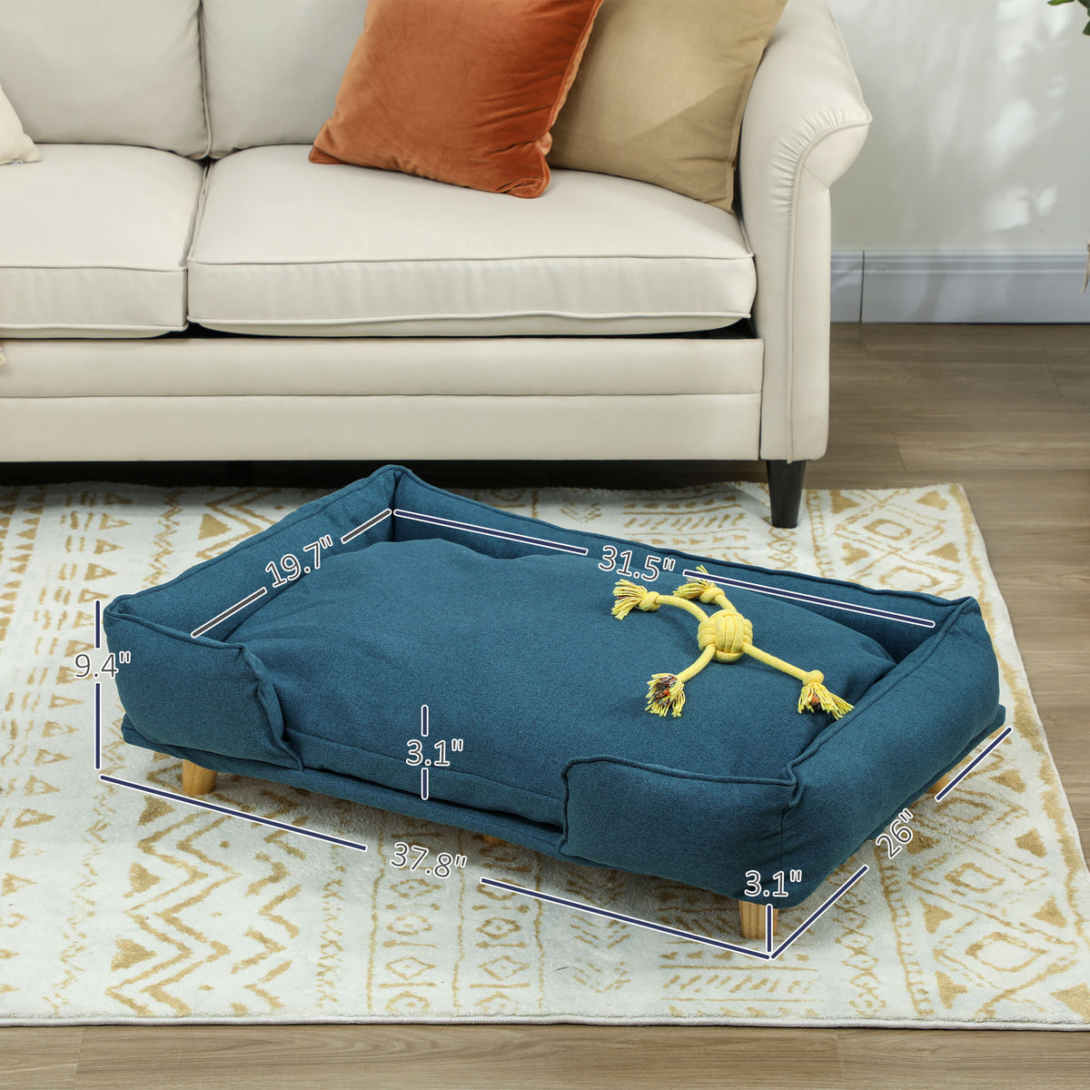 PawHut Raised Dog Couch with Comfortable Cushion, Pine Wood Legs, Foot Pads, for Large-Sized Dogs Indoor Use, Dark Blue