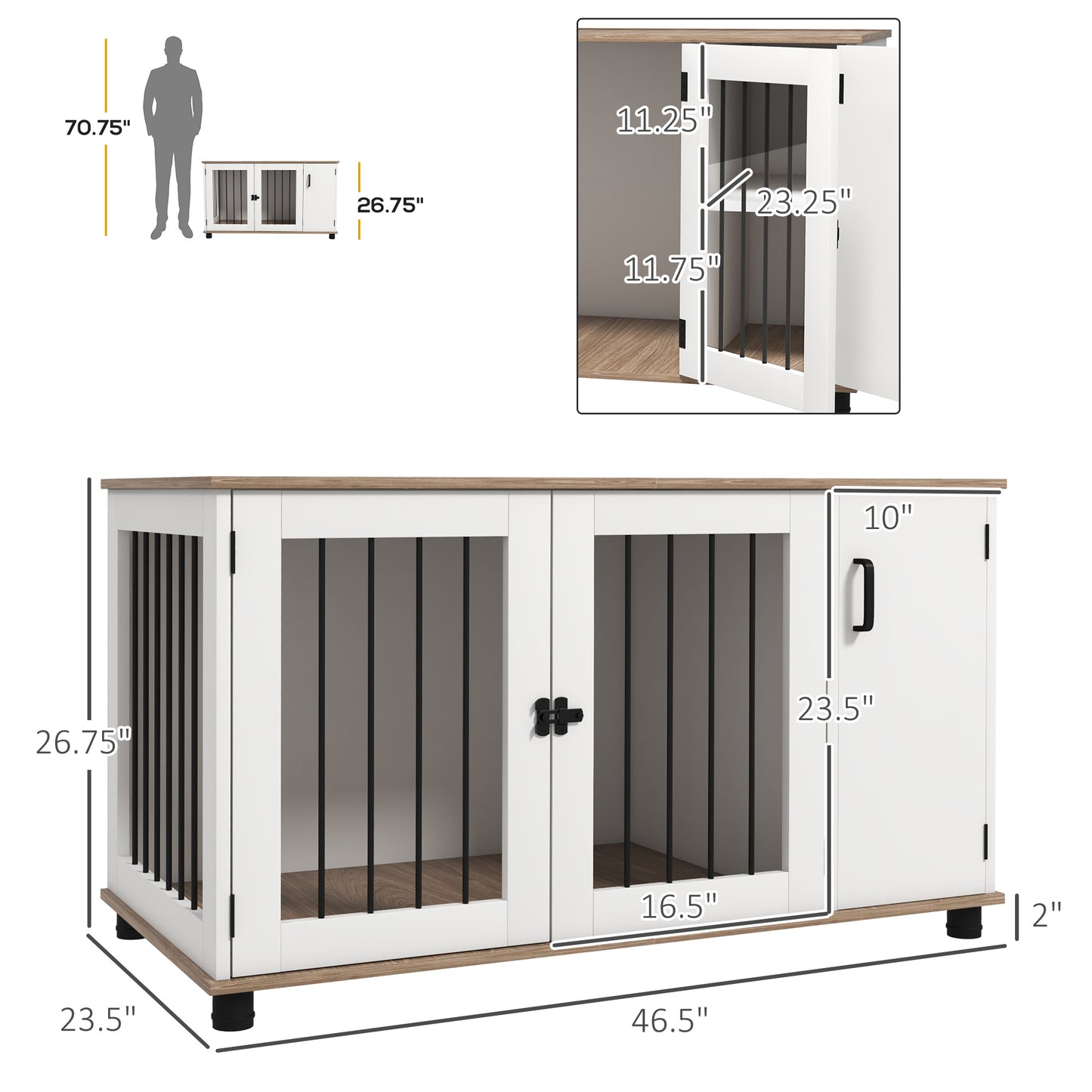 PawHut 2-In-1 Dog Crate Table w/ Double Doors and Storage, Dog Cage for Medium and Large-sized Dogs, Walnut and White | Aosom.com