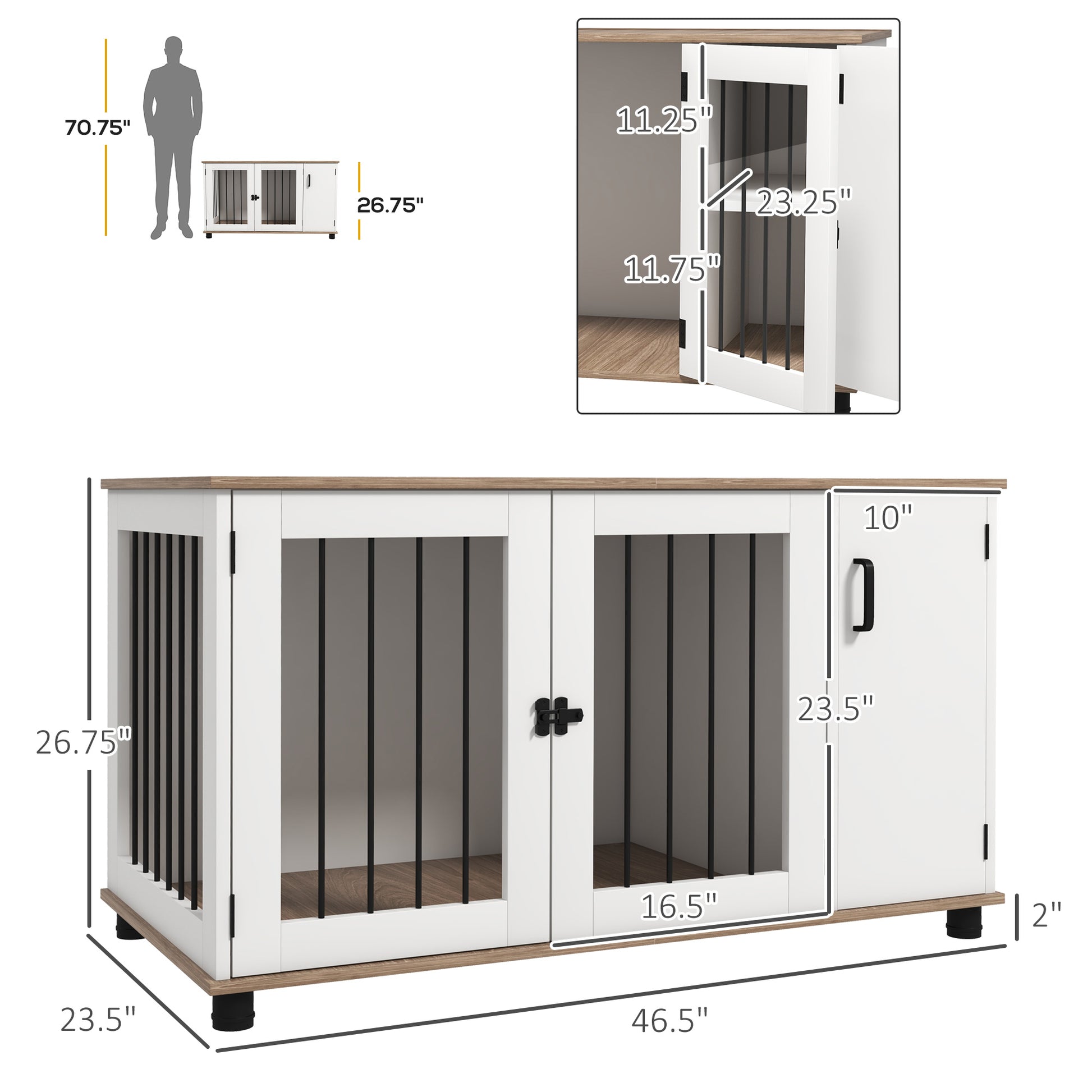 PawHut 2-In-1 Dog Crate Table w/ Double Doors and Storage, Dog Cage for Medium and Large-sized Dogs, Walnut and White | Aosom.com