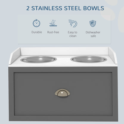 PawHut Elevated Dog Bowl Station with Storage Drawer 21L Capacity & 2 Stainless Bowls Gray | Aosom.com