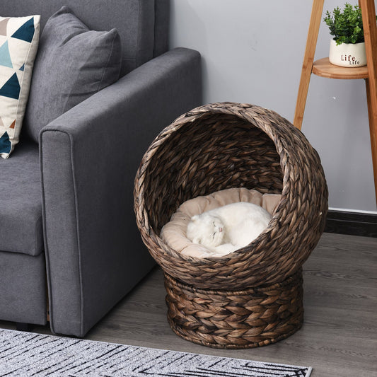 PawHut Handmade Wicker Elevated Cat Bed with Cushion Dark Brown for Kittens | Aosom.com