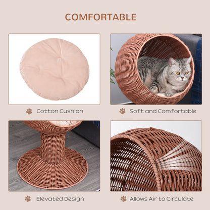 PawHut Elevated Cat Bed, Rotatable Egg Chair Pod, Thick Cushion, Natural Mat Grass Woven Kitty House, Brown | Aosom.com