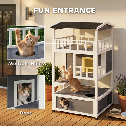PawHut Solid Wood 4-Floor Cat Condo with Litter Box Space Multi-Level Cat Villa | Aosom.com