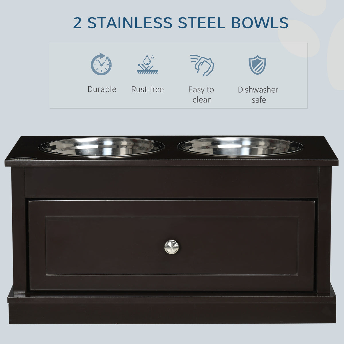 PawHut Double Elevated Dog Bowls for Large Dogs, Raised Dog Feeding Station with 2 Stainless Steel Bowls, Storage Drawer & Wood Stand for Cats, Brown
