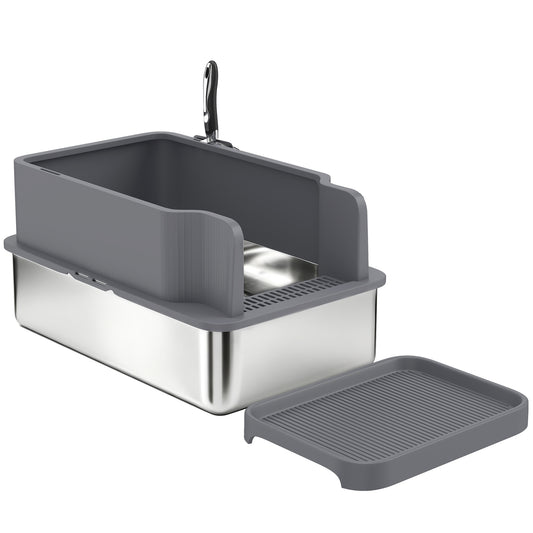 PawHut Stainless Steel Sifting Litter Box for Pine Pellets, Large Metal Litter Box with Sifter Tray, Metal Scoop, 10 Pee Pads