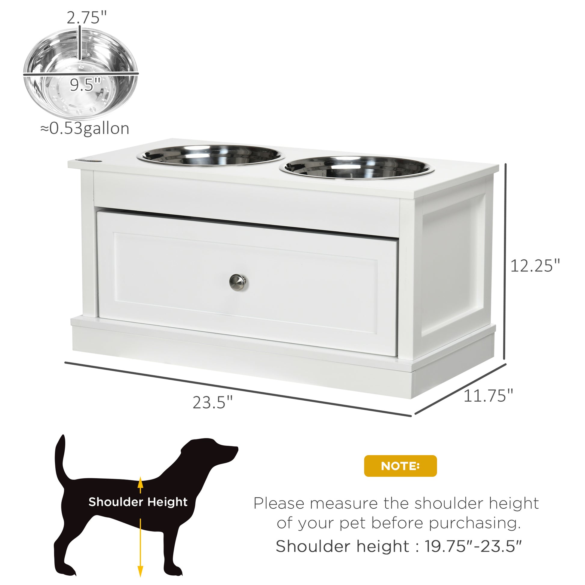 PawHut Elevated Dog Bowls Large Dog Feeder Station with 2 Stainless Steel Bowls Storage Drawer Wood Stand White | Aosom.com