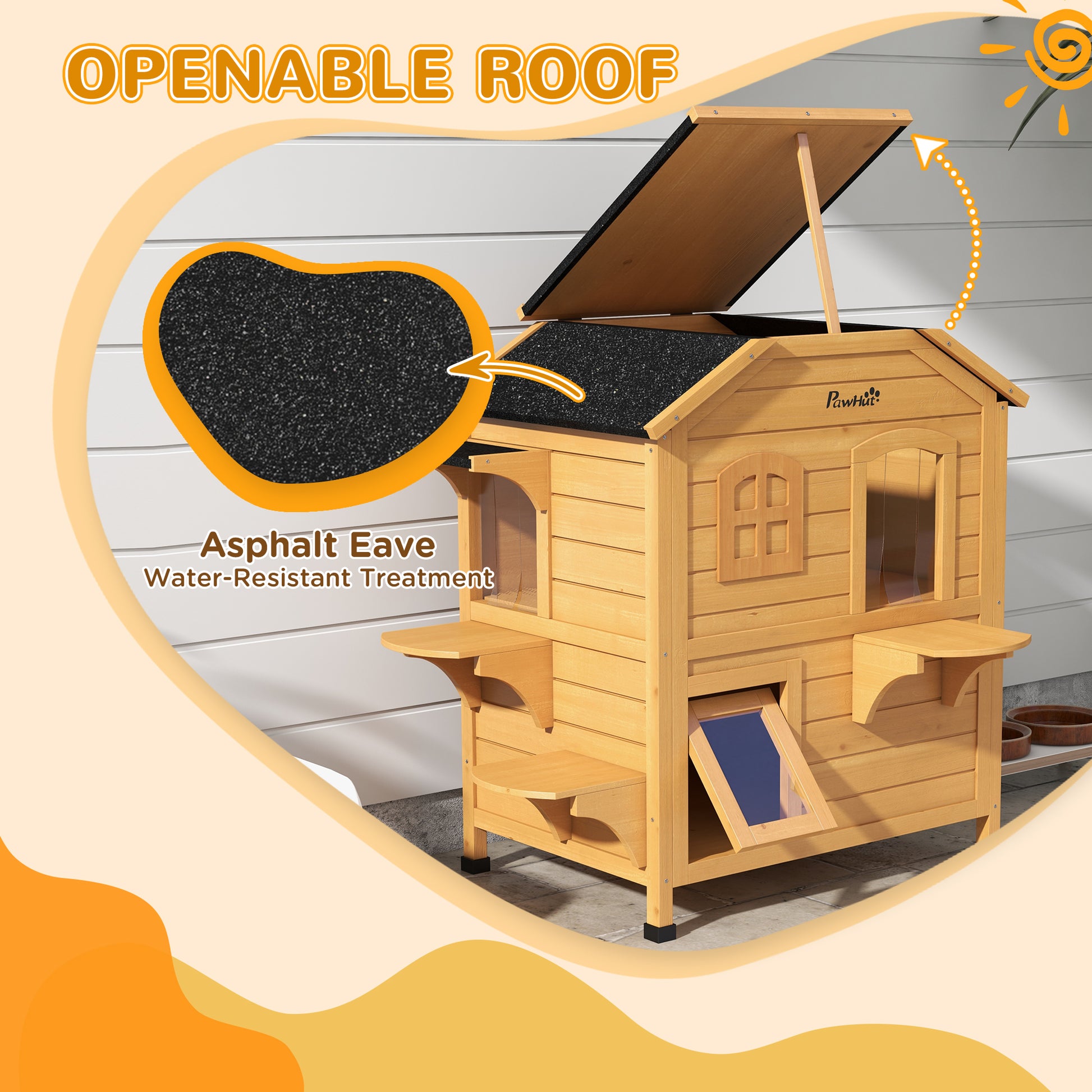 PawHut 2-Story Wooden Outdoor Cat House Feral Shelter with Escape Door Asphalt Roof 4 Platforms Natural | Aosom.com
