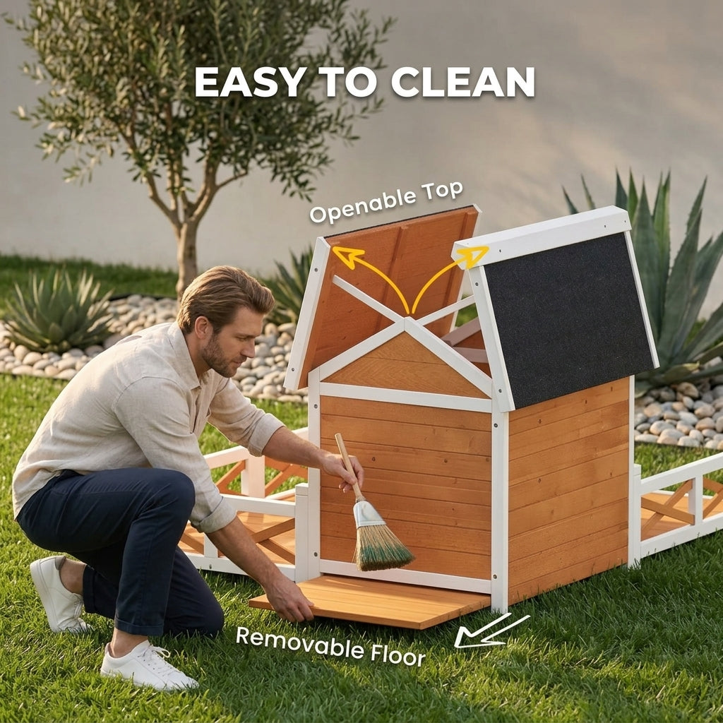 PawHut Outdoor Wooden Dog House, Dog Shelter with Large Porch, Weatherproof & Openable Roof, Elevated Base, Removable Floor