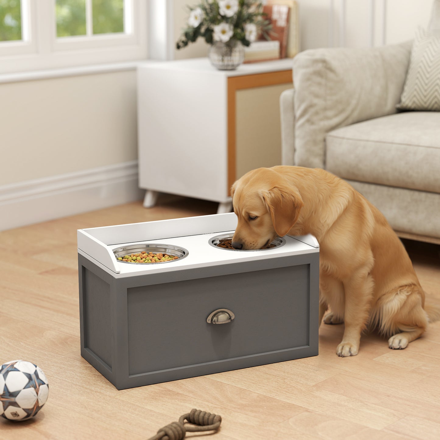 PawHut Elevated Dog Bowl Station with Storage Drawer 21L Capacity & 2 Stainless Bowls Gray | Aosom.com