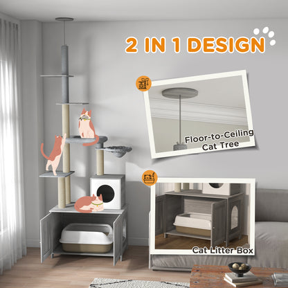 PawHut 2 in 1 Floor to Ceiling Cat Tree with Litter Box Enclosure, Condo, Bed, Hammock, Scratching Posts, and Platforms, Gray