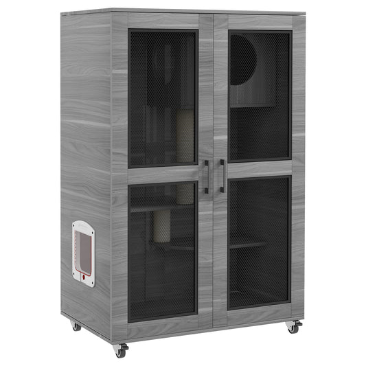 PawHut Cat House with Cat Tree, Kitty Cage with Scratching Posts Condo Cat Enclosure Lockable Wheels, Gray| Aosom.com