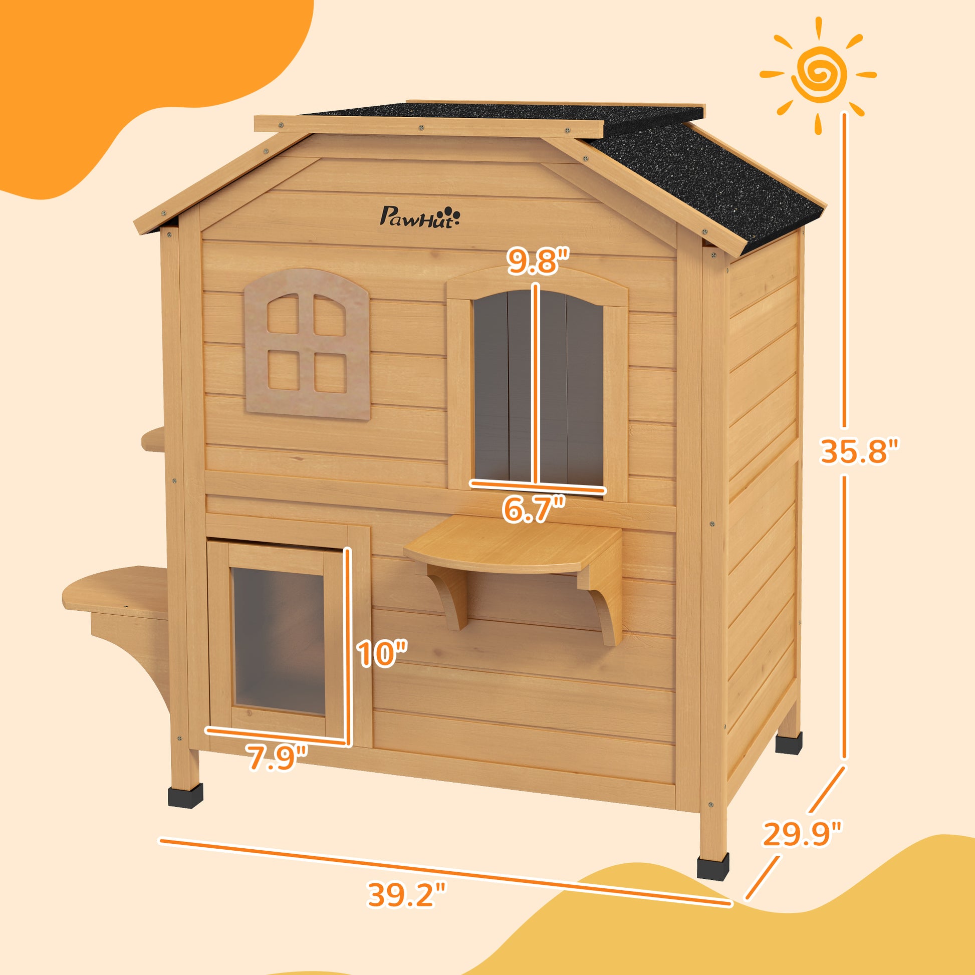 PawHut 2-Story Wooden Outdoor Cat House Feral Shelter with Escape Door Asphalt Roof 4 Platforms Natural | Aosom.com
