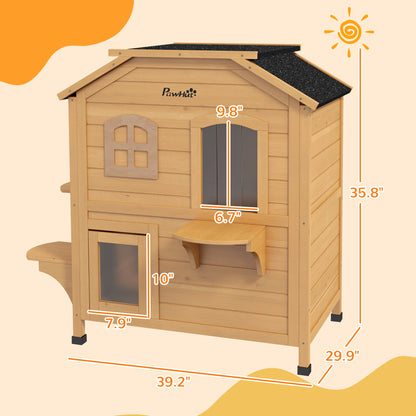 PawHut 2-Story Wooden Outdoor Cat House Feral Shelter with Escape Door Asphalt Roof 4 Platforms Natural | Aosom.com