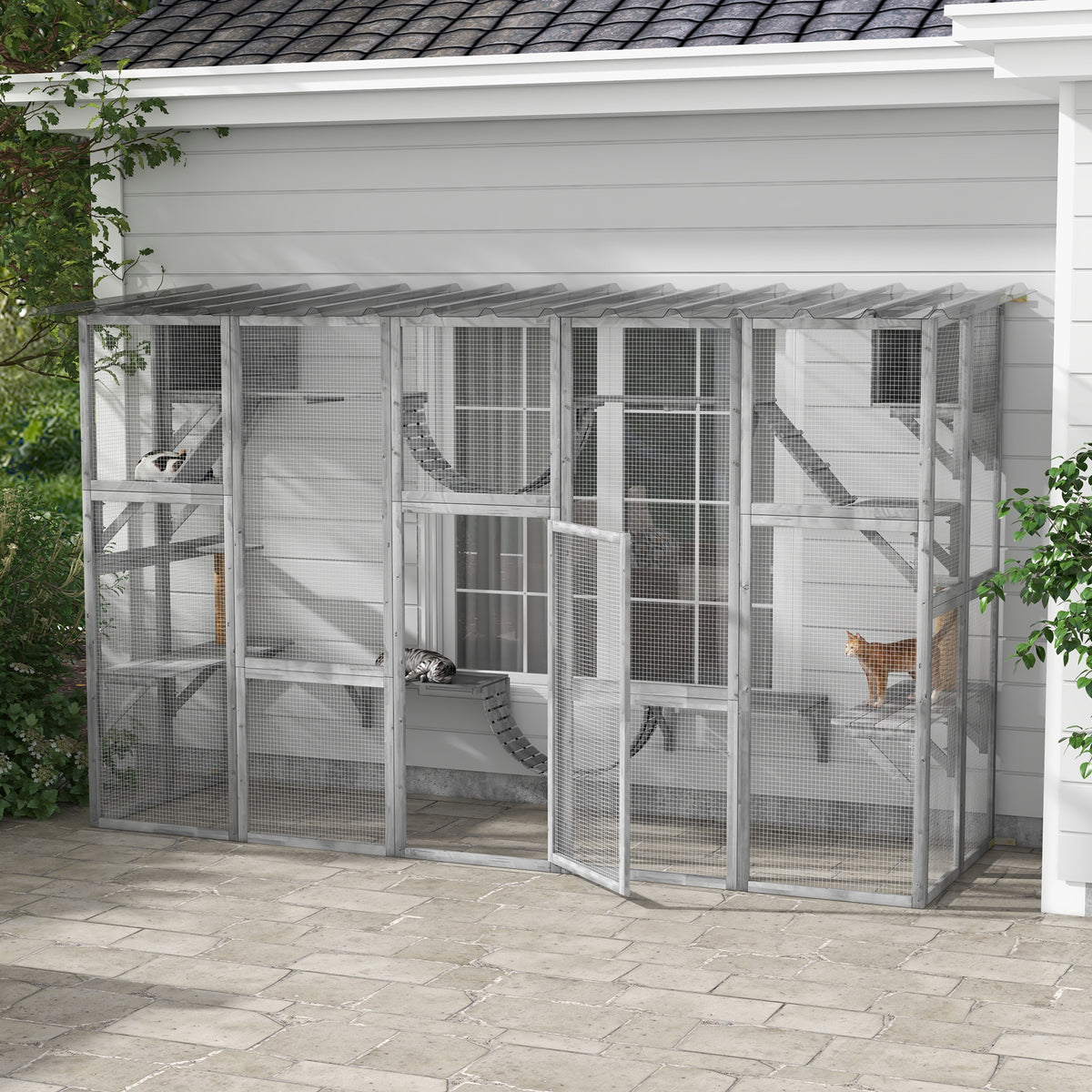 PawHut Outdoor Cat Cages Enclosures, Wooden Outdoor Cat House, Weather Protection Roof, Cat Shelter Kitten Playpen with Shelves & Bridges