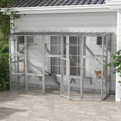 PawHut Outdoor Cat Cages Enclosures, Wooden Outdoor Cat House, Weather Protection Roof, Cat Shelter Kitten Playpen with Shelves & Bridges
