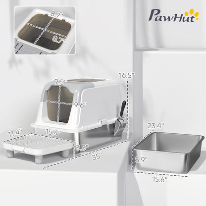 PawHut Extra Large Stainless Steel Litter Box, Enclosed Cat Litter Box with Scoop, Deodorizer Bag, Sand Drop Pedal