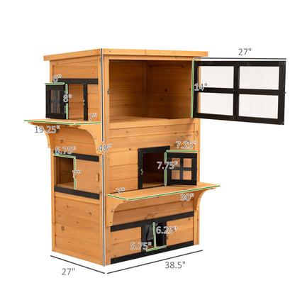 PawHut 3-Tier Cat House Feral Cat House, Outdoor Kitten Condo with Raised Floor, Asphalt Roof, Escape Door, Jumping Platform, Yellow| Aosom.com