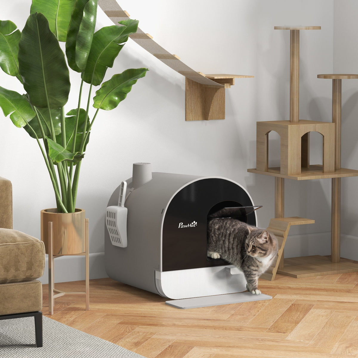 PawHut Covered Cat Litter Box, for Indoor use, with Tray, Scoop, Filter, 17"x17"x18.5", Light Gray | Aosom.com