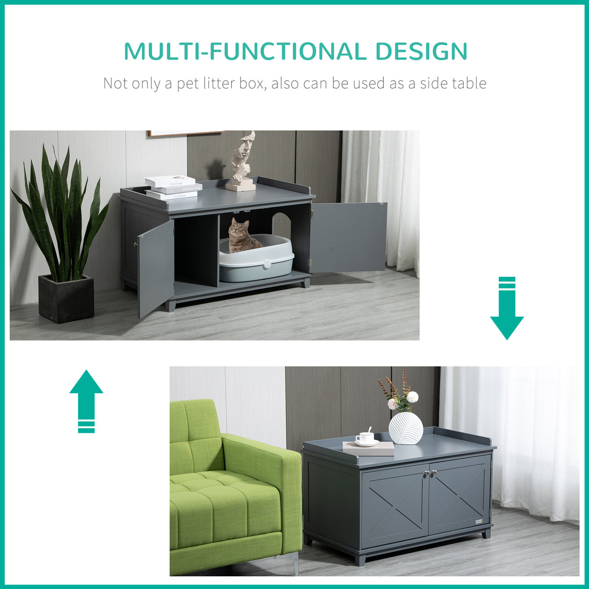 PawHut Cat Litter Box Furniture Hidden Litter Box Enclosure Cabinet Indoor Cat Washroom Double-door Nightstand End Table with Cat Hole Grey