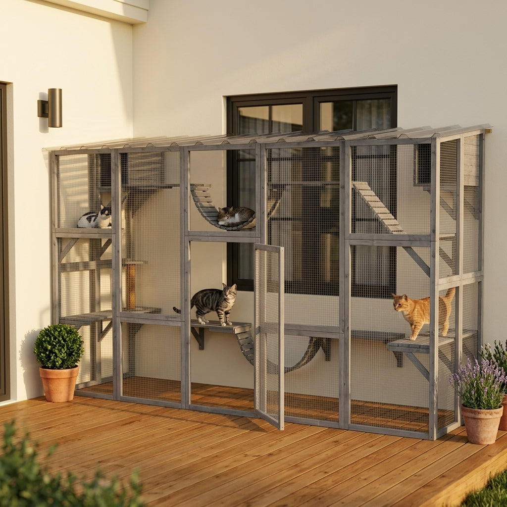 PawHut Outdoor Cat Cages Enclosures, Wooden Outdoor Cat House, Weather Protection Roof, Cat Shelter Kitten Playpen with Shelves & Bridges
