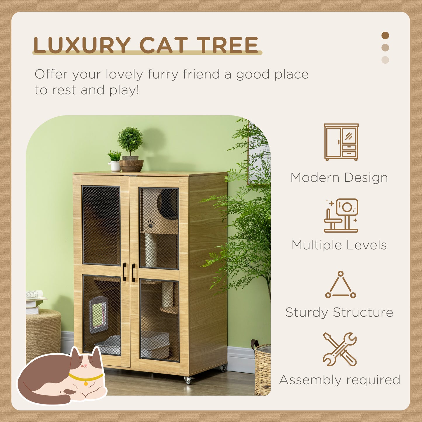PawHut Cat House with Cat Tree, Kitty Cage with Scratching Posts Condo Cat Enclosure Lockable Wheels, Oak| Aosom.com