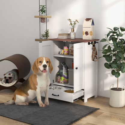 PawHut Pet Feeding Station for Medium Dogs, White, with Storage, Raised Bowls, Adjustable Panel, Hooks | Aosom.com