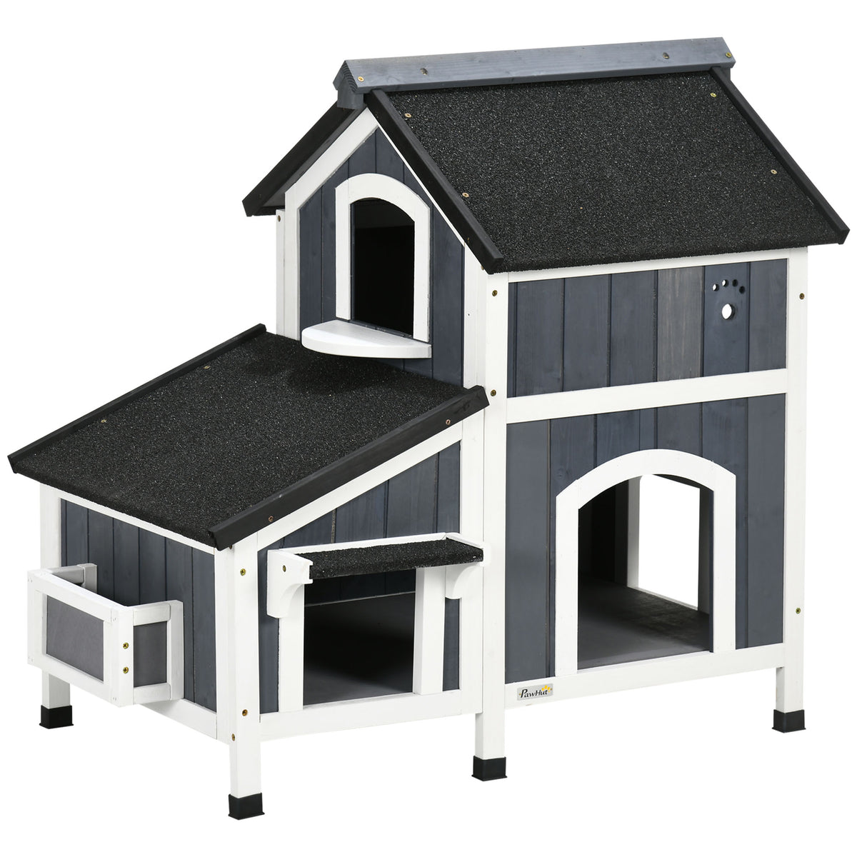 PawHut Outdoor Cat House with Flower Pot, 2-Story Feral Cat House with Weather Resistant Roof, Wooden Cat Shelter with Window, Multiple Entrances
