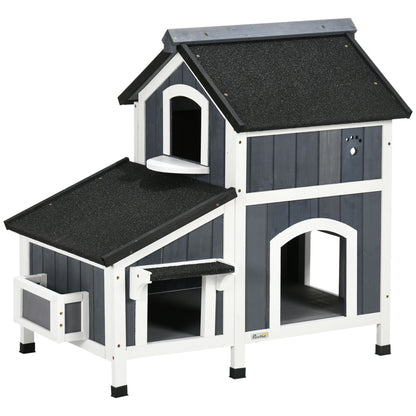 PawHut Outdoor Cat House with Flower Pot, 2-Story Feral Cat House with Weather Resistant Roof, Wooden Cat Shelter with Window, Multiple Entrances