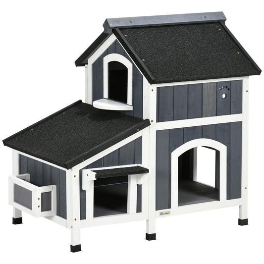 PawHut Outdoor Cat House with Flower Pot, 2-Story Feral Cat House with Weather Resistant Roof, Wooden Cat Shelter with Window, Multiple Entrances