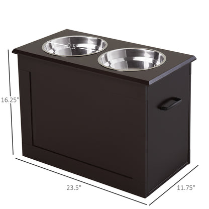 PawHut Raised Dog Feeding Station with 2 Stainless Steel Bowls Storage Large Pets Dark Brown | Aosom.com