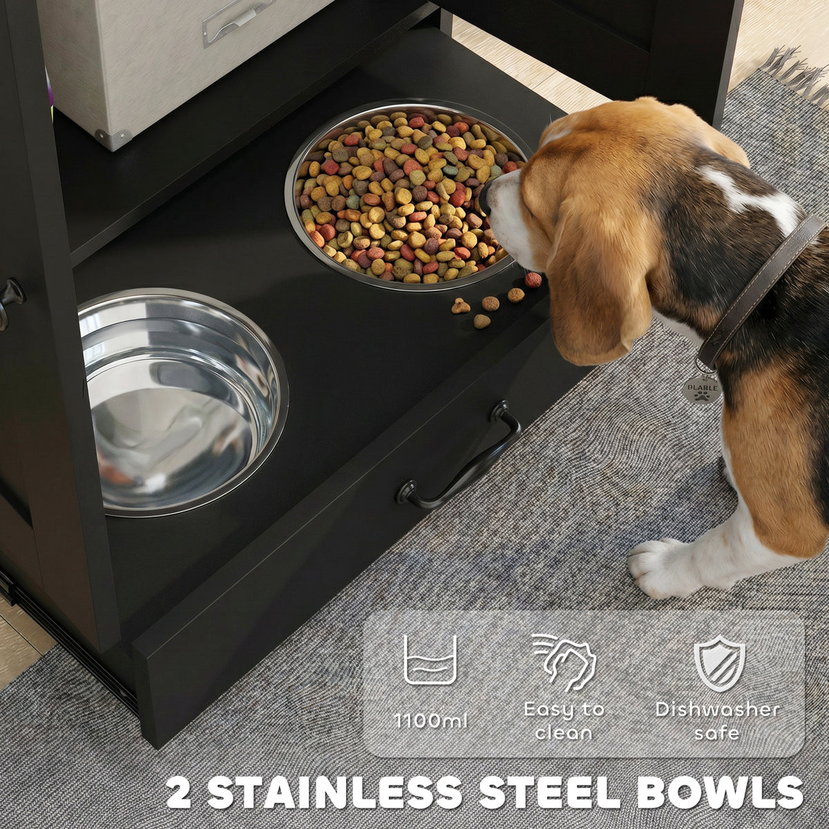 PawHut Pet Feeding Station, Dog Food Storage Cabinet w/ Raised Dog Bowls, Adjustable Panel, Hooks, for Medium Dogs, Black