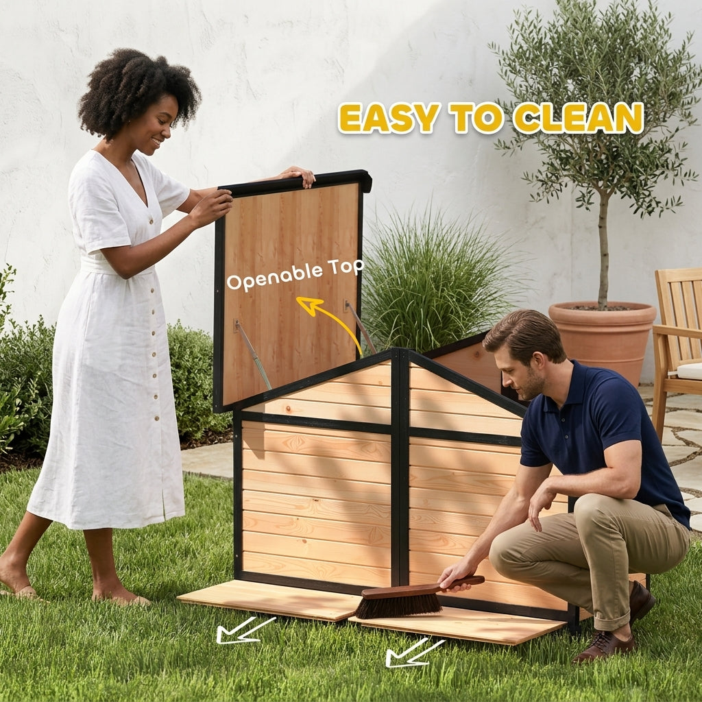 PawHut 59"x64"x39" Large Wooden Dog House Raised Weatherproof Rustic Log Cabin Style Elevated Pet Shelter Porch Deck, Natural