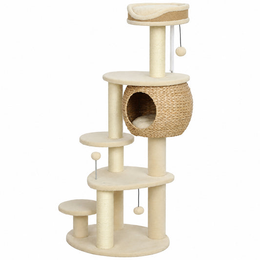 PawHut 52" Cat Tree, Cat Tower with Handwoven Cattail Condo, Bed, Platforms, 3 Scratching Posts and 3 Toy Balls