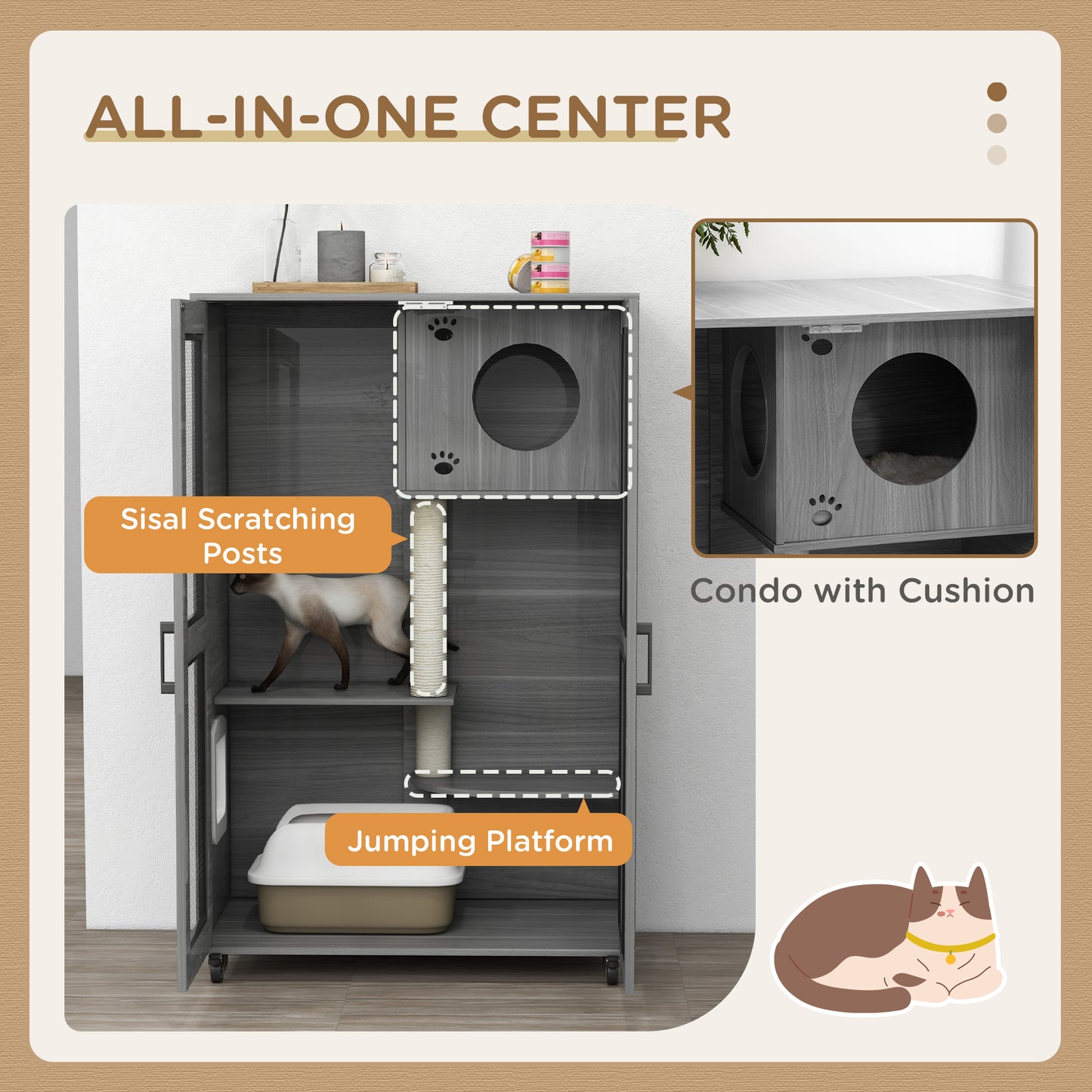 PawHut Cat House with Cat Tree, Kitty Cage with Scratching Posts Condo Cat Enclosure Lockable Wheels, Gray| Aosom.com