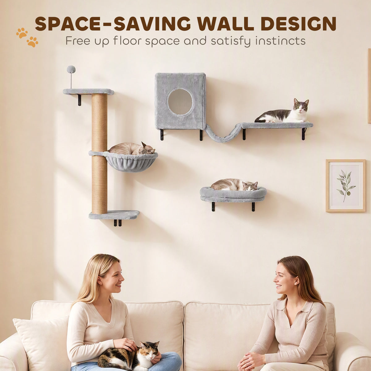 PawHut 3-In-1 Cat Wall Shelves with Condo, Bed, Hammock, Scratching Post and Spring Ball, Gray