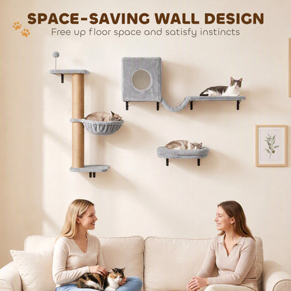 PawHut 3-In-1 Cat Wall Shelves with Condo, Bed, Hammock, Scratching Post and Spring Ball, Gray