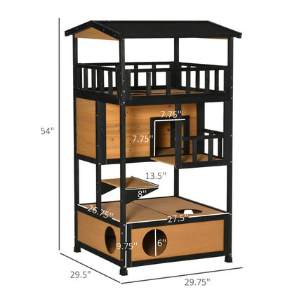 PawHut Wooden Outdoor Cat House, Feral Cat Shelter Kitten Tree with Asphalt Roof, Escape Doors, Condo, Jumping Platform, Yellow|Aosom.com