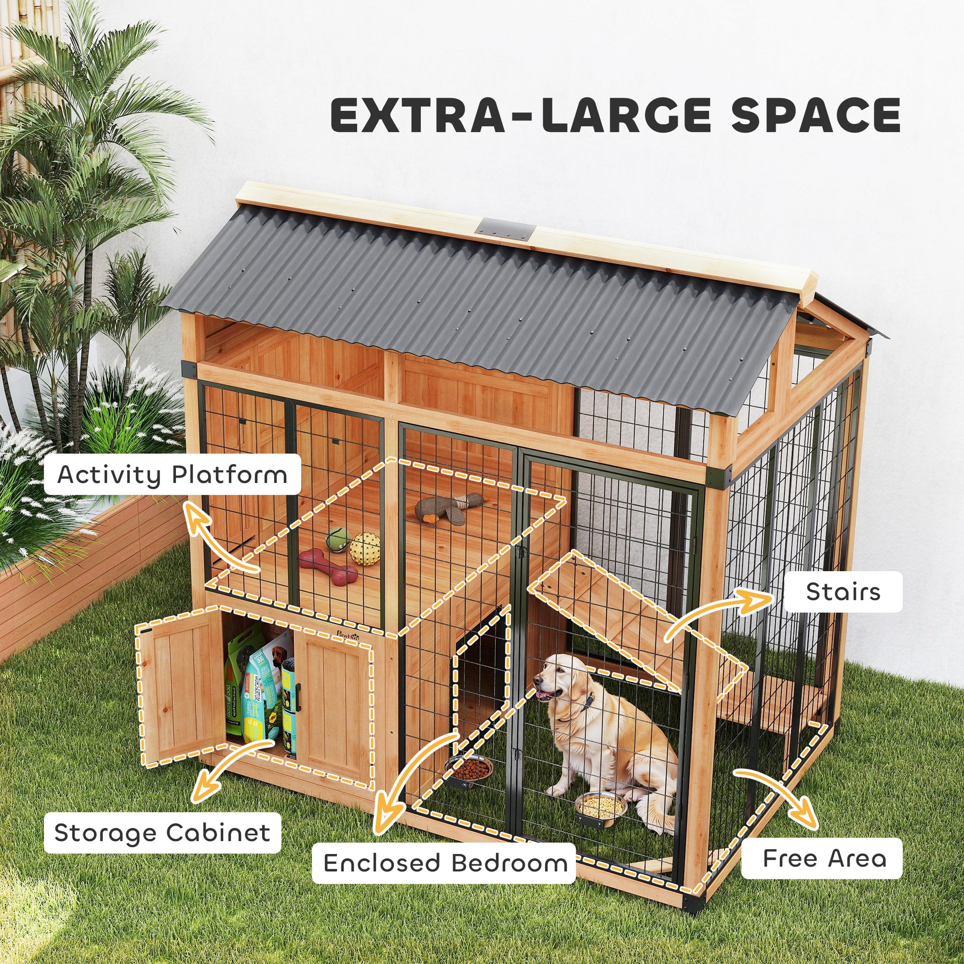 PawHut 7' x 5' Extra Large Dog House, Wood Outdoor Dog Kennel with Platform, Storage Cabinet for Large Breeds, Yellow