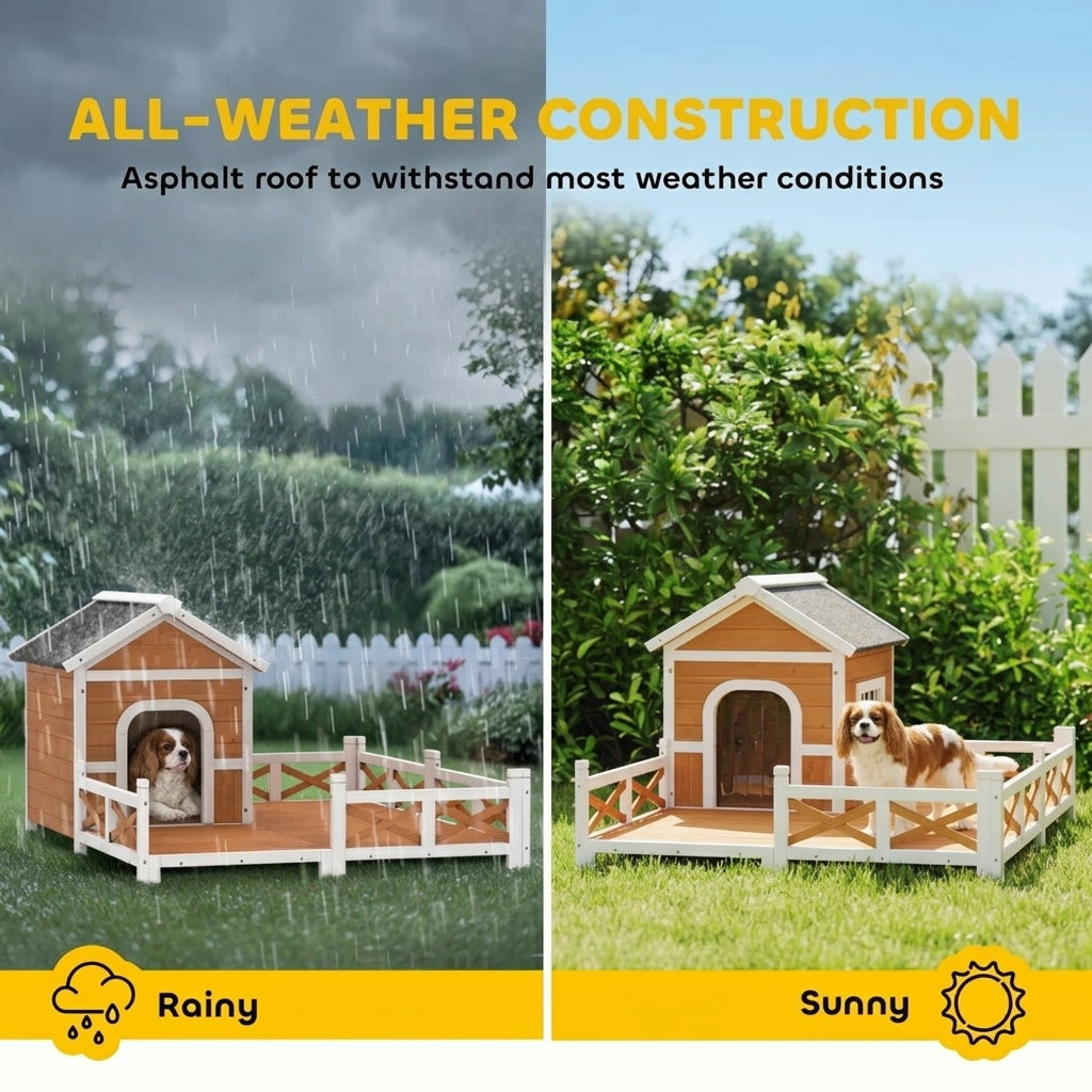 PawHut Outdoor Wooden Dog House, Dog Shelter with Large Porch, Weatherproof & Openable Roof, Elevated Base, Removable Floor