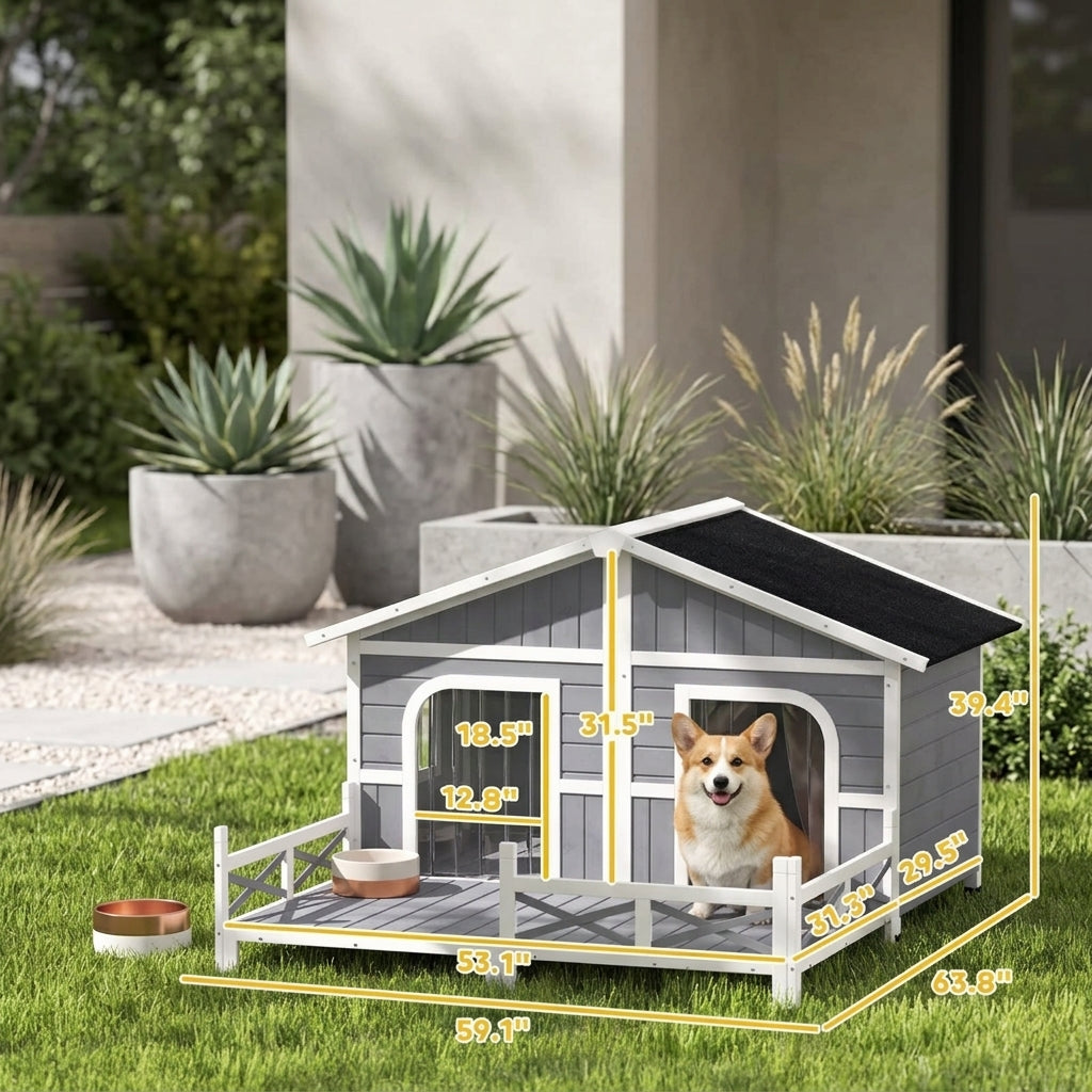 PawHut Wooden Large Dog House Outdoor Cabin Style, Elevated Pet Shelter with Porch, for Small and Medium Breed Dogs, Gray| Aosom.com