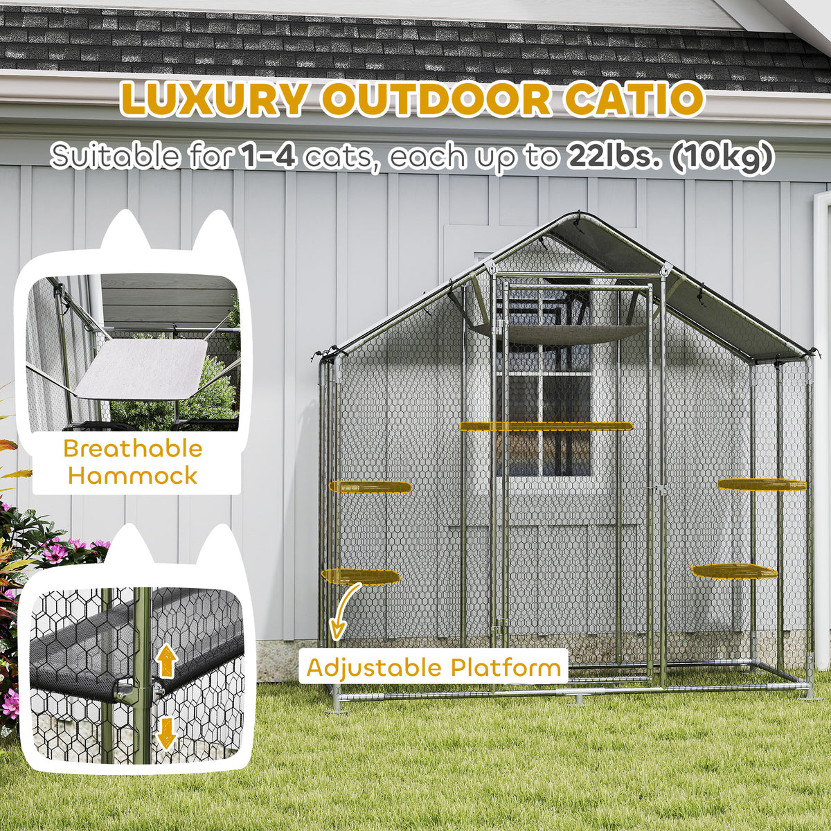 PawHut Large Catio Outdoor Cat Enclosure with Waterproof Cover, Walk-in Cat Patio w/ 5 Adjustable Platforms & Hammock