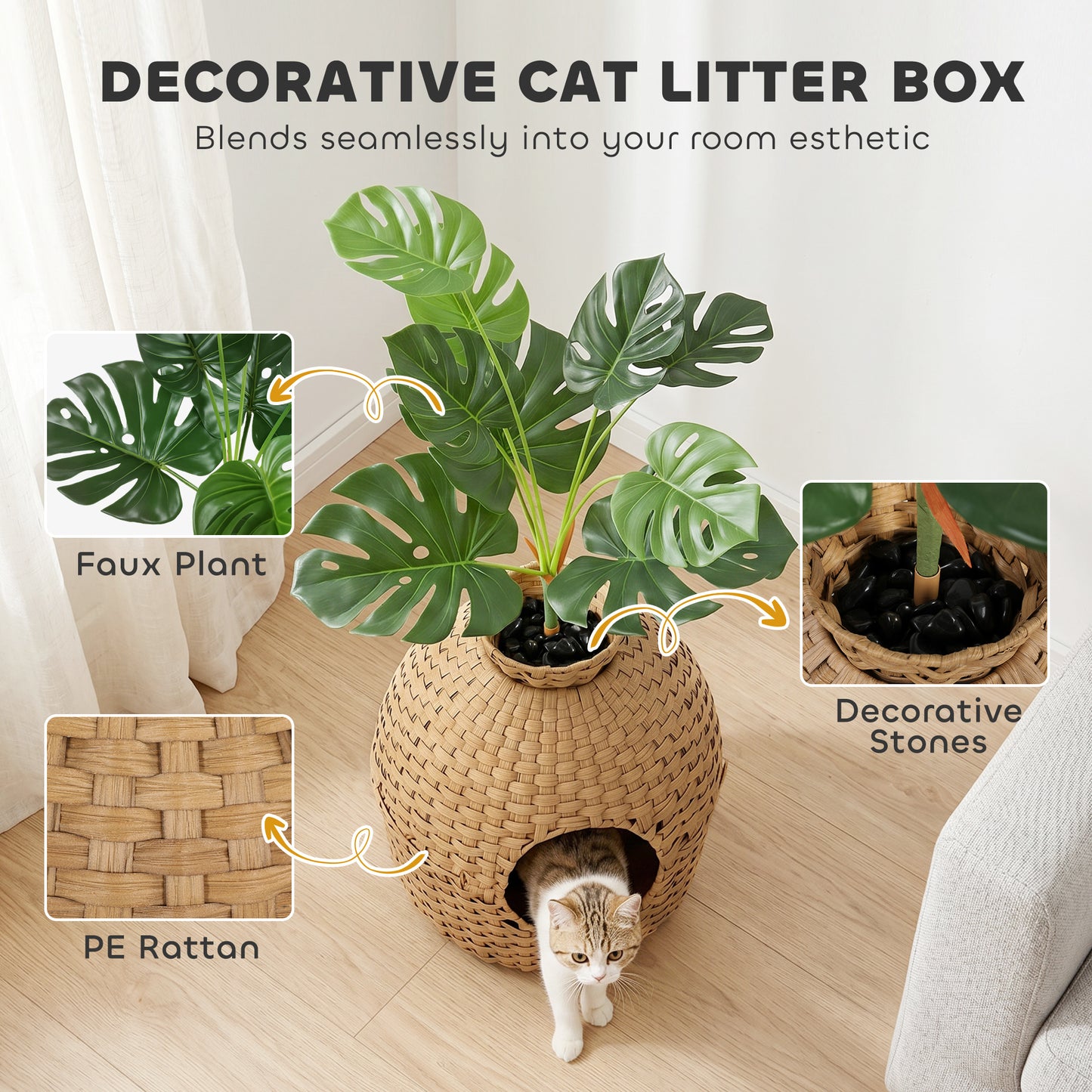 PawHut Hidden Cat Litter Box Enclosure with Faux Plant & Stainless Steel Tray for Bedroom, Living Room, Corner