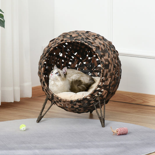 PawHut 20.5 Woven Wicker Cat Bed Elevated Hand-Woven Braided Banana Leaf Kitten House Condo with Cushion Brown | Aosom.com