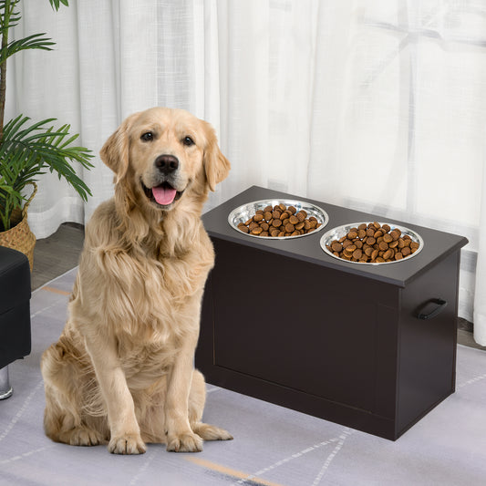 PawHut Raised Dog Feeding Station with 2 Stainless Steel Bowls Storage Large Pets Dark Brown | Aosom.com